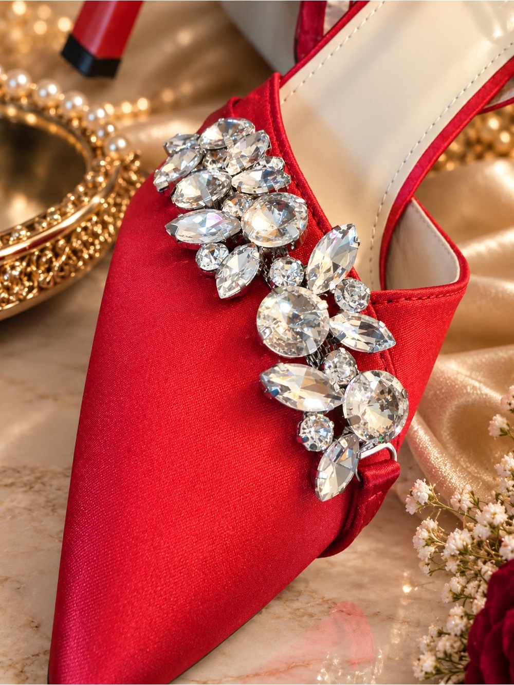 Red Satin Slingback Heels with Crystal Accent by - Picture 4 of 5